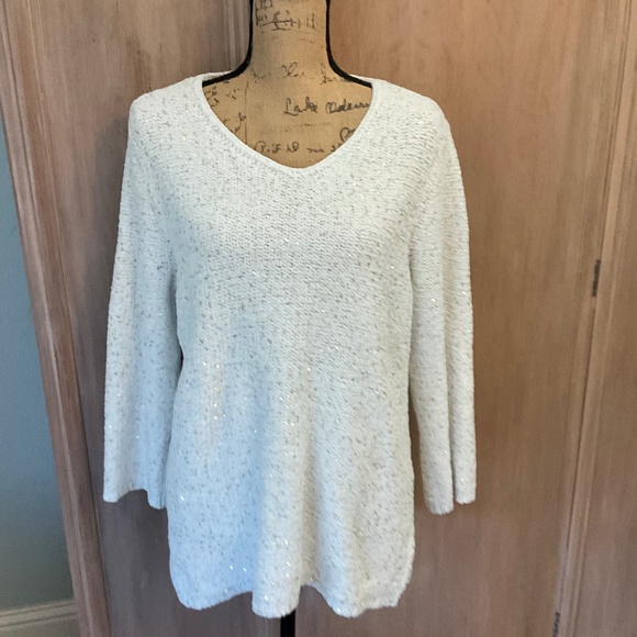 Chicos White cream Gold Sequin V-neck v neck Sweater chenille  sparkle ivory L - Picture 1 of 15